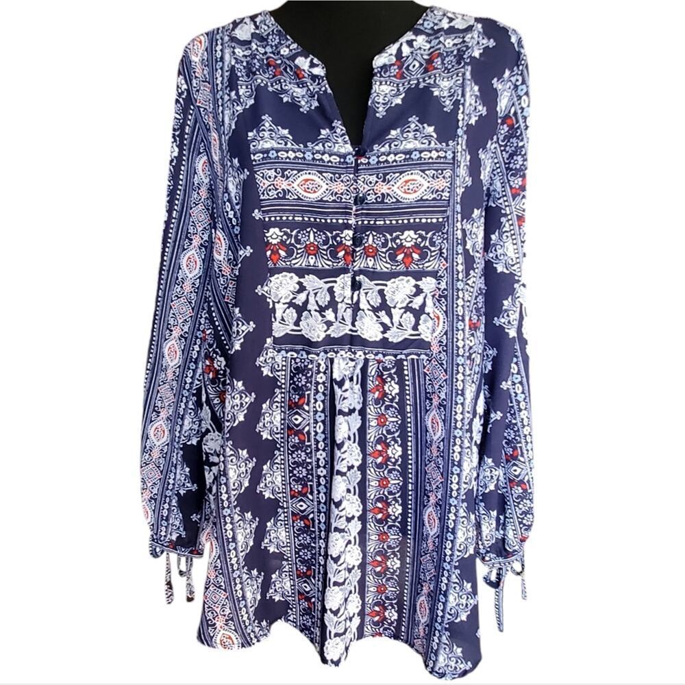 Liz Claiborne V-Neck BOHO Blue Paisley Lightweight long sleeve Sz L | EUC